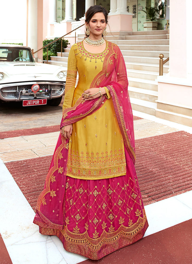 Georgette Embroidery Sharara Suit In Yellow Colour - SM4452178